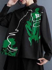 Buttoned Printed High-Low Long Sleeves Lapel Blouses&Shirts Tops