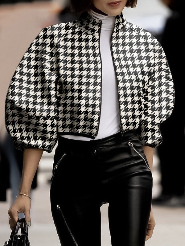 Loose Puff Sleeves Houndstooth Stand Collar Outerwear