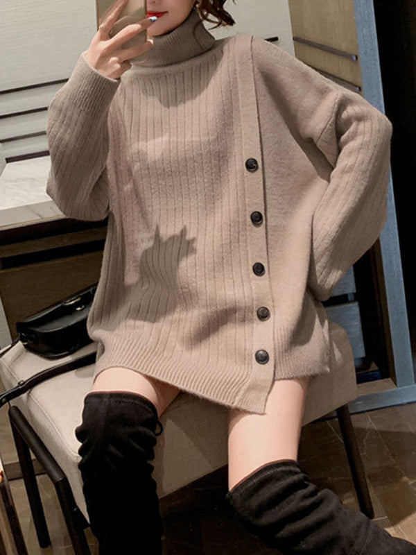 Asymmetric Buttoned High-low Long Sleeves High-neck Sweater Tops Pullovers Knitwear