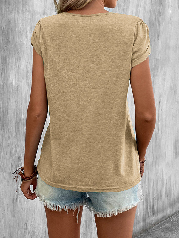 Solid Color Loose Short Sleeves V-neck T-Shirts Tops