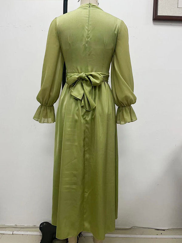 Flared Sleeves Wrap Belted Pleated Solid Color Stand Collar Midi Dresses