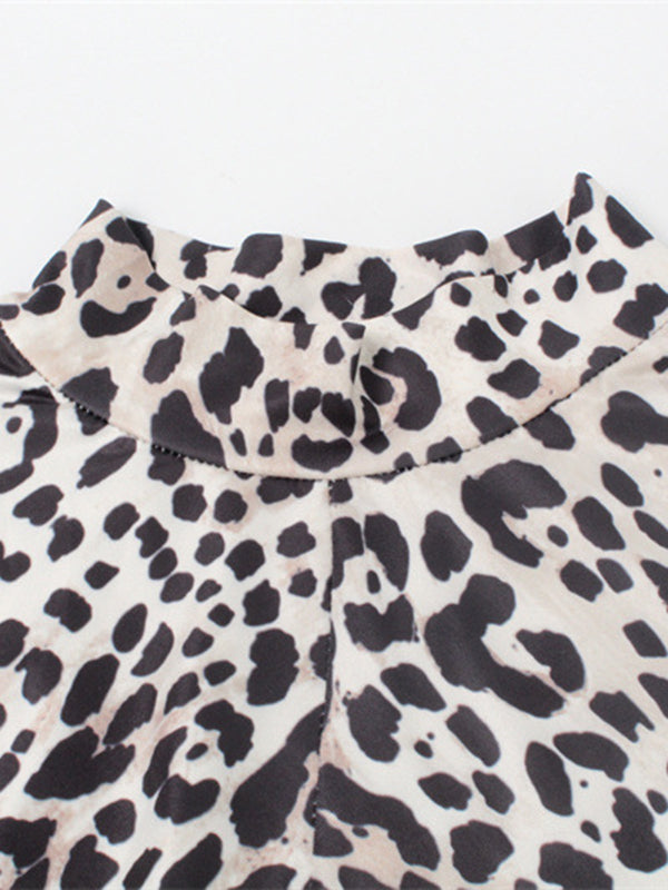 Leopard Pleated Printed Split-Front Bodycon Long Sleeves High Neck Maxi Dresses