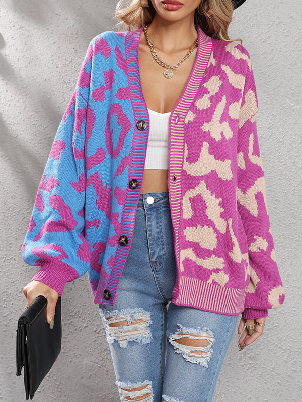 Buttoned Leopard Split-Joint Long Sleeves Loose V-Neck Cardigan Tops