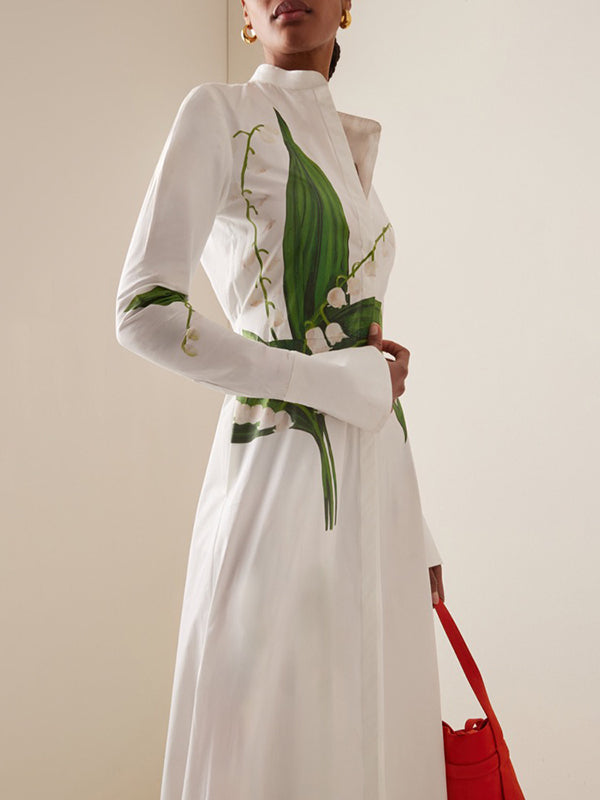 Buttoned Flower Print A-Line Long Sleeves Round-Neck Maxi Dresses