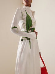 Buttoned Flower Print A-Line Long Sleeves Round-Neck Maxi Dresses