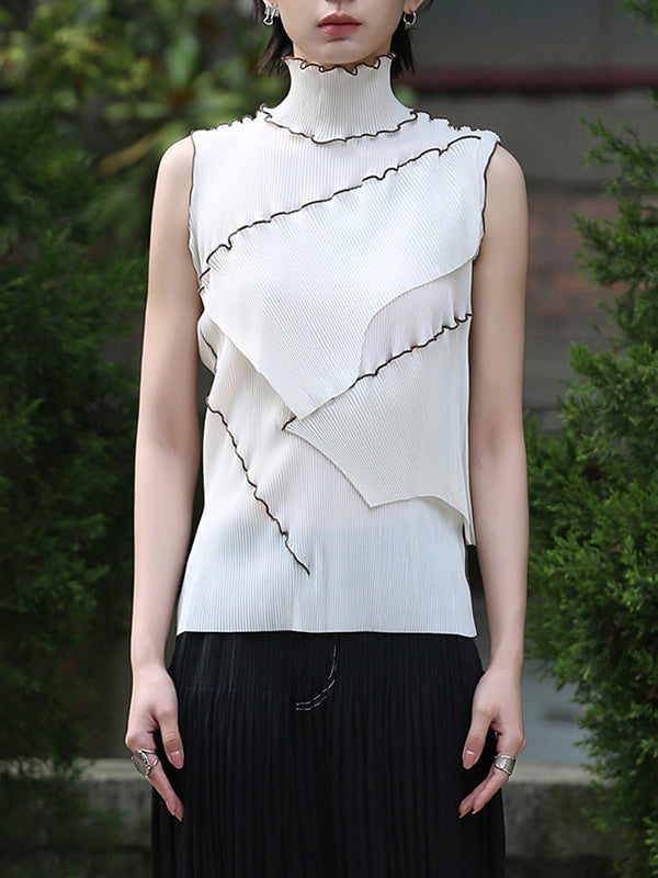Asymmetric Color-Block Pleated Split-Joint Skinny Sleeveless High-Neck Vest Top