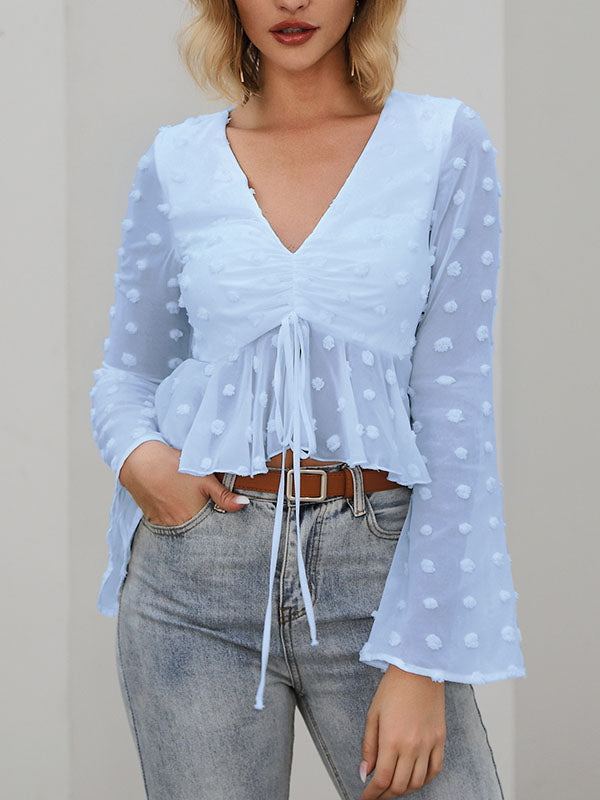 Flared Sleeves Contrast Color Drawstring Falbala Jacquard V-Neck Blouses&Shirts Tops