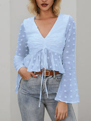 Flared Sleeves Contrast Color Drawstring Falbala Jacquard V-Neck Blouses&Shirts Tops