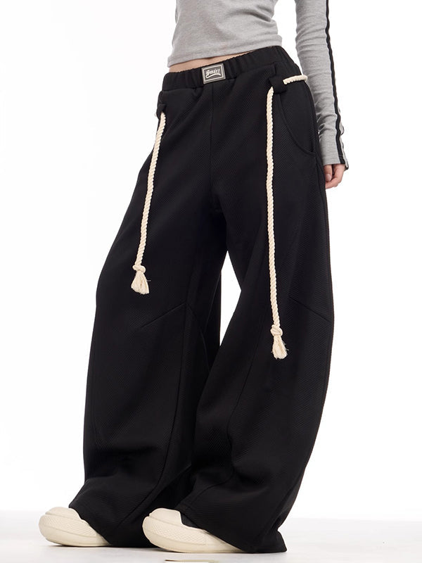 Drawstring Elasticity Pockets Solid Color High Waisted Loose Trousers Pants