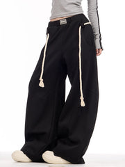 Drawstring Elasticity Pockets Solid Color High Waisted Loose Trousers Pants