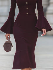 Bodycon Flared Sleeves Buttoned Solid Color High Neck Midi Dresses