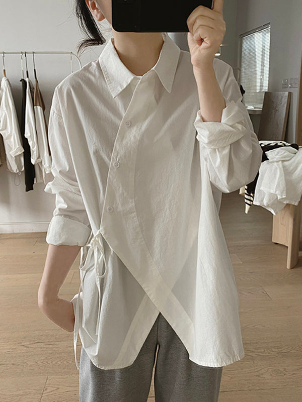 Lace-Up Solid Color Irregular Clipping Long Sleeves Lapel Blouses