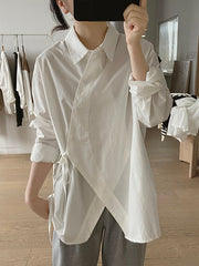 Lace-Up Solid Color Irregular Clipping Long Sleeves Lapel Blouses