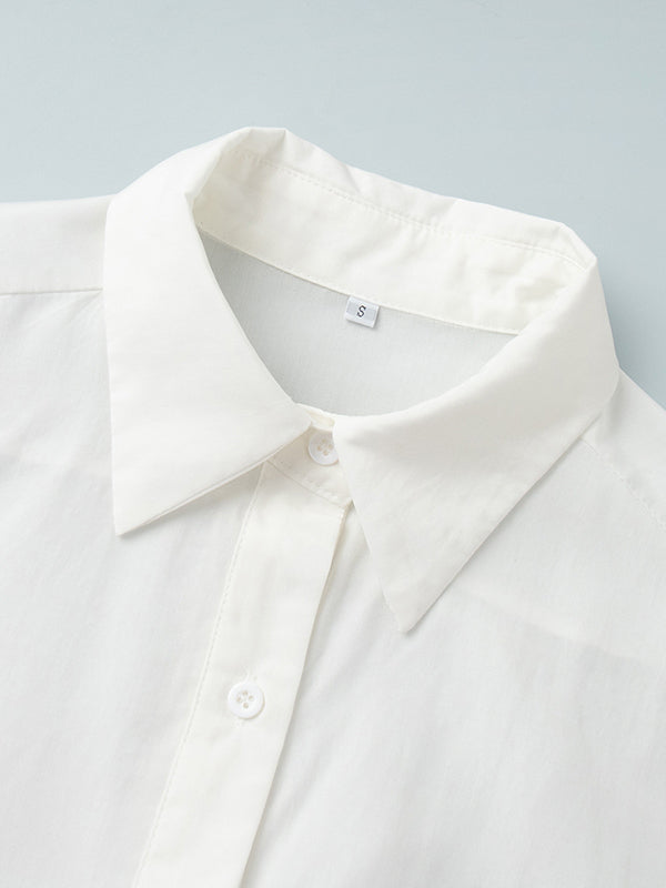 Pleated Solid Color Split-Joint Loose Puff Sleeves Lapel Blouses&shirts Tops