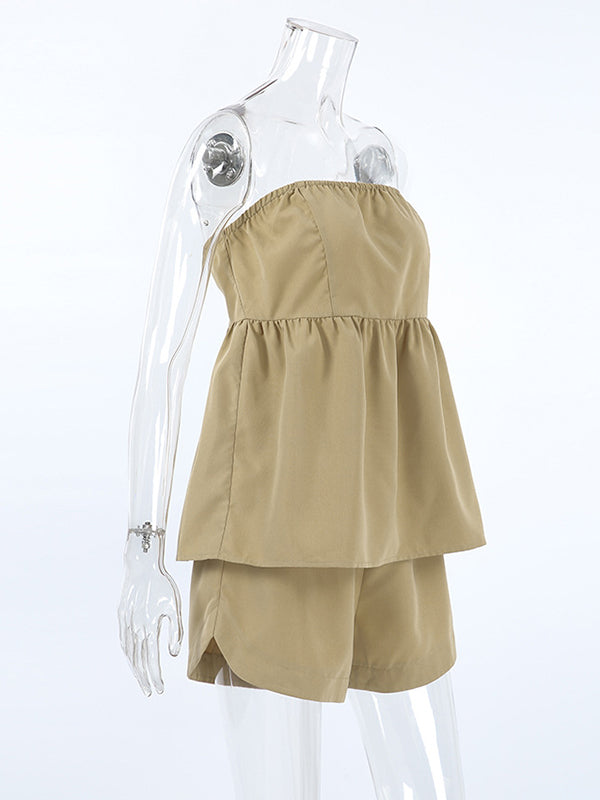 Split-Joint Tube Loose Elasticity Solid Color Vest Top + High Waisted Shorts Bottom Two Pieces Set