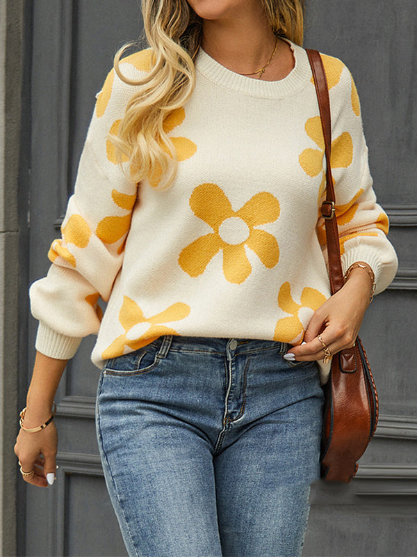 Knitted Flower Long Sleeves Loose Round-Neck Sweater Tops Pullovers Knitwear