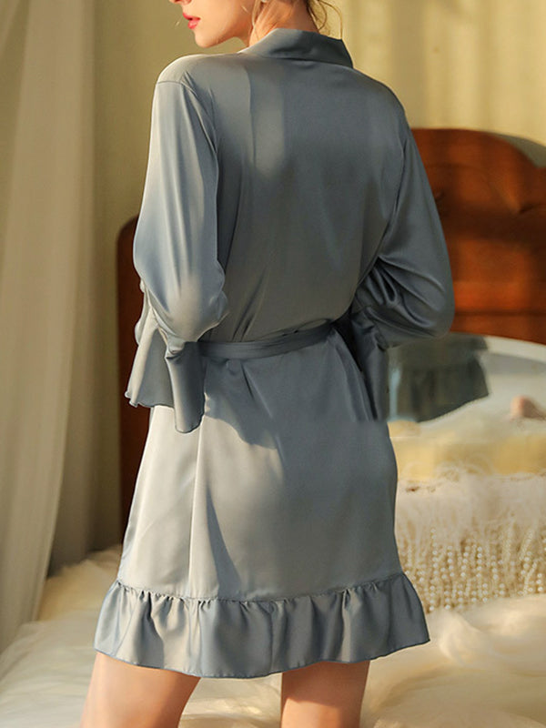 Falbala Ribbed Solid Color Loose V-neck Robes Intimates&Pajamas