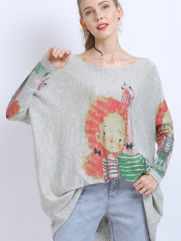Urban Loose Batwing Sleeves Cartoon Printed Pullover