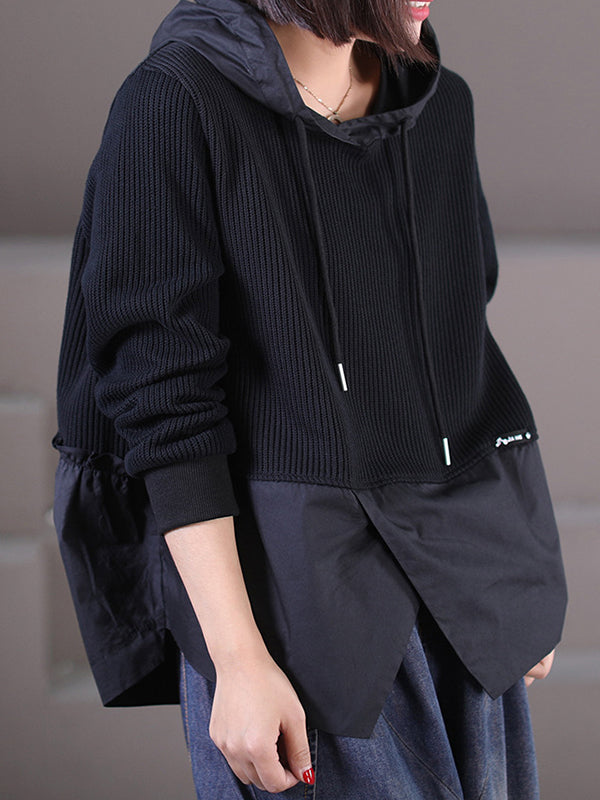 Drawstring Split-front Split-Joint Hooded Long Sleeves Hoodies Tops