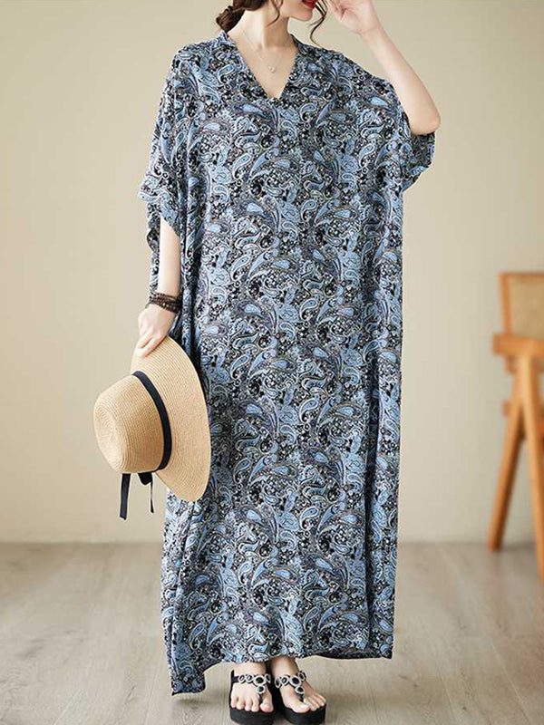 Printed Batwing Sleeves Loose V-Neck Maxi Dresses
