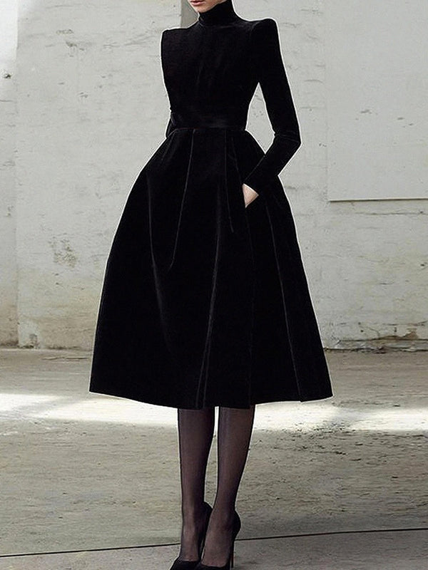 Solid Color Long Sleeves Skinny High Neck Midi Dresses