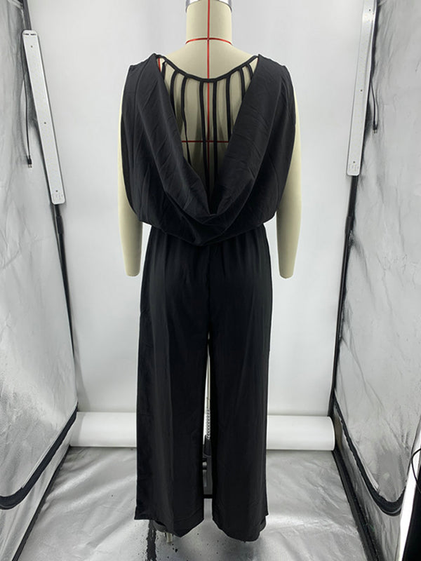 Backless Elasticity Pleated Solid Color Split-Joint High Waisted Sleeveless Jumpsuits