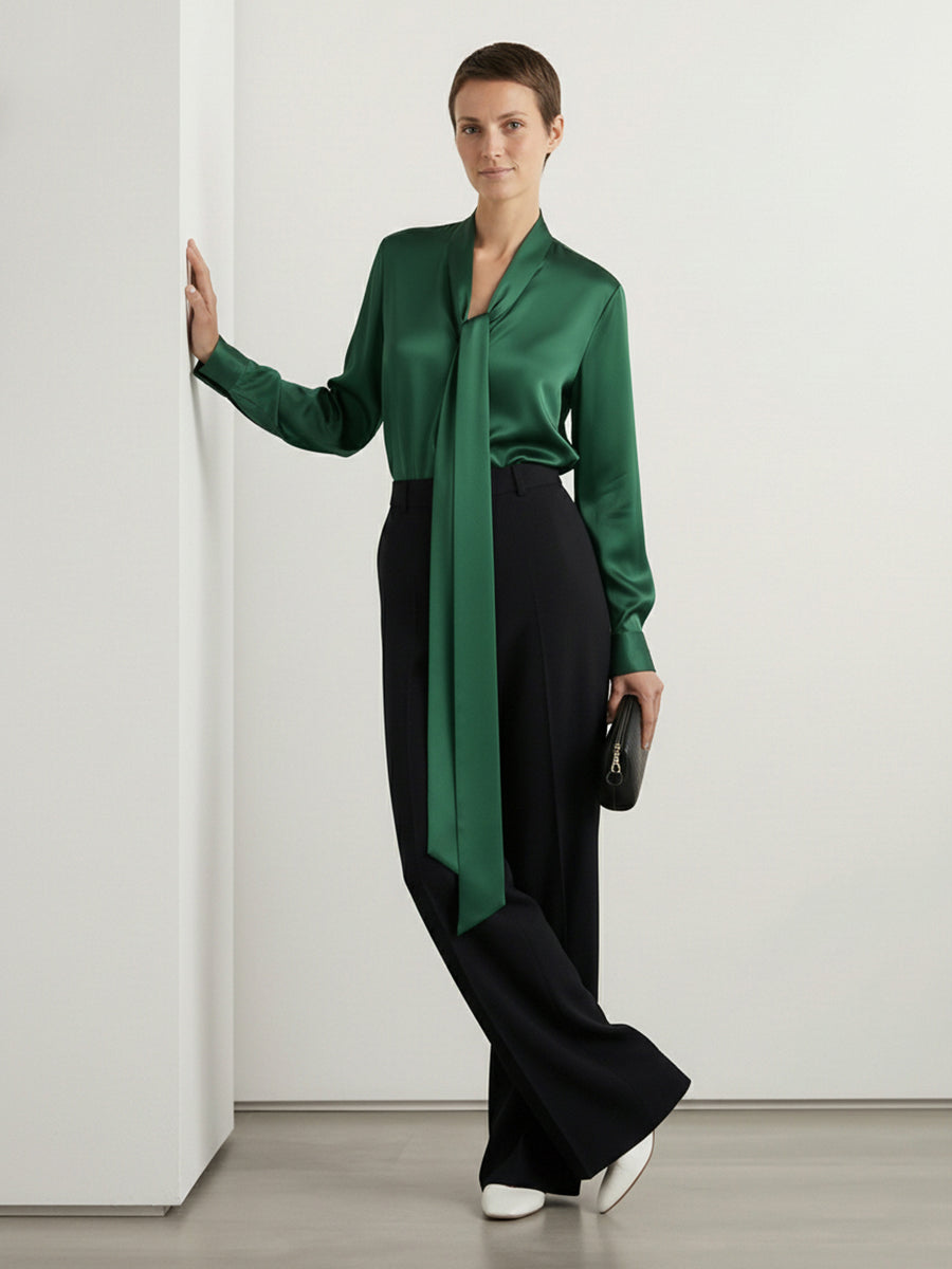 Solid Color Streamer Long Sleeves Loose V-Neck Blouses&Shirts Tops