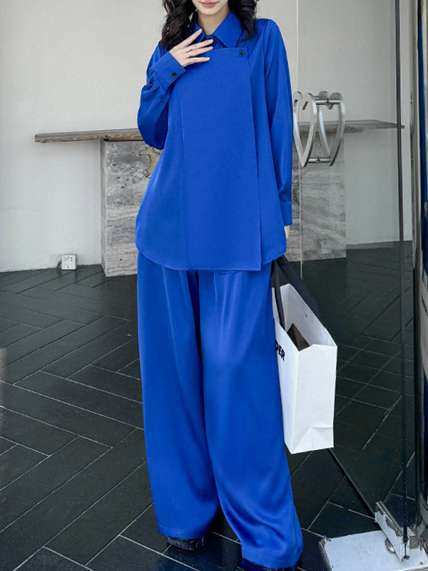 Buttoned Solid Color Long Sleeves Lapel Shirts Top + Elasticity High Waisted Pants Bottom Two Pieces Set