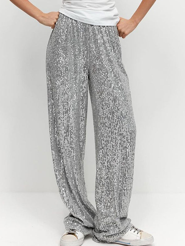 Elasticity Sequined Shiny Split-Joint Loose Straight Leg Trousers Pants