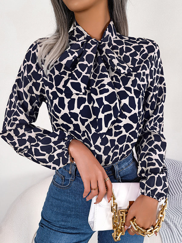 Bow-Embellished Elasticity Tied Bishop Sleeve Long Sleeves Mock Neck Blouses&Shirts Tops