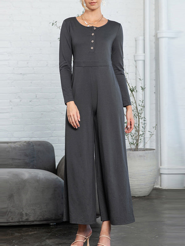 Buttoned Solid Color High Waisted Long Sleeves Round-Neck Jumpsuits