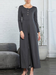 Buttoned Solid Color High Waisted Long Sleeves Round-Neck Jumpsuits
