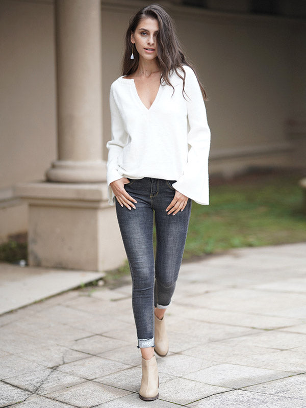 Casual Long Sleeves Loose Solid Color V-Neck Sweater Tops