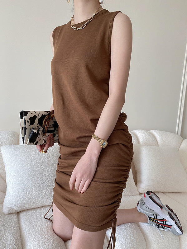 Drawstring Solid Color Loose Sleeveless Round-Neck Mini Dresses