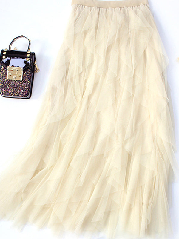 Original Stylish Irregular Mesh Solid Color Skirt
