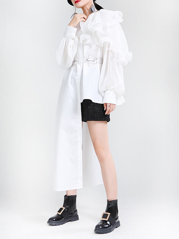 Asymmetric Pleated Solid Color Split-Joint Falbala Long Sleeves Loose Lapel Blouses&shirts Tops