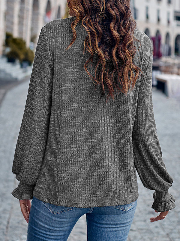 Elasticity Ruffled Solid Color Long Sleeves Loose Round-Neck T-Shirts Tops