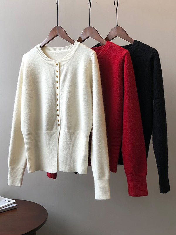 Elegant Long Sleeves Solid Color Round-Neck Cardigan Tops