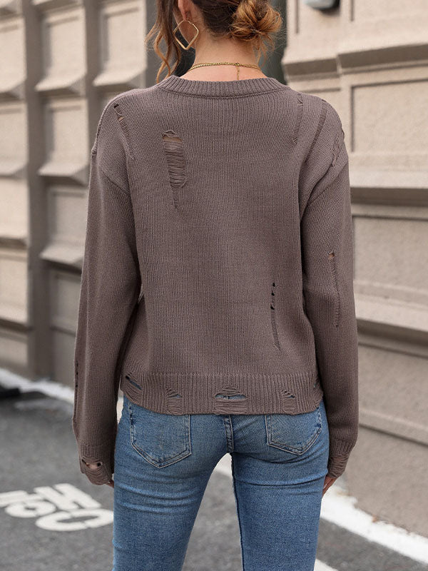 Hollow Solid Color Long Sleeves Loose Round-Neck Sweater Tops Pullovers