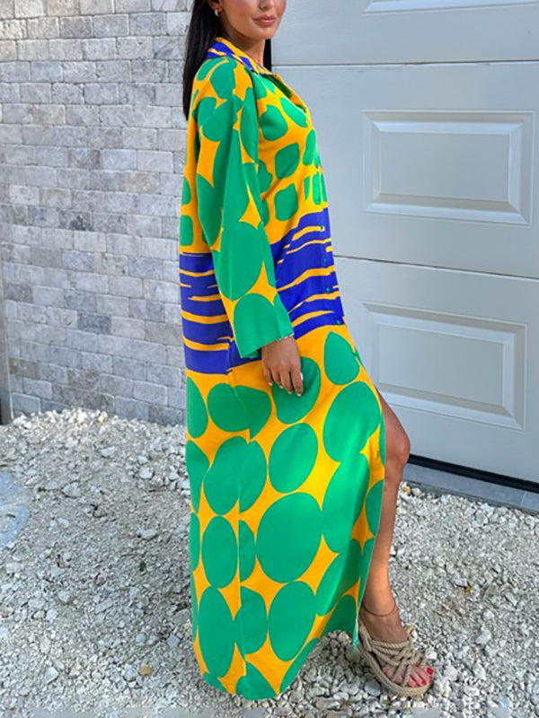 Buttoned Printed Long Sleeves Loose Lapel Shirt Dress Maxi Dresses