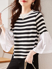 Pleated Split-Joint Striped Flared Sleeves Long Sleeves Round-neck T-Shirts Tops