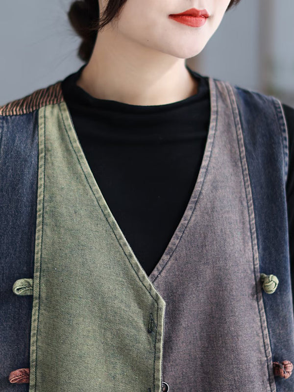 Loose Split-Joint V-Neck Vest Top + Jean Harem Pants Bottoms  Two Pieces Set