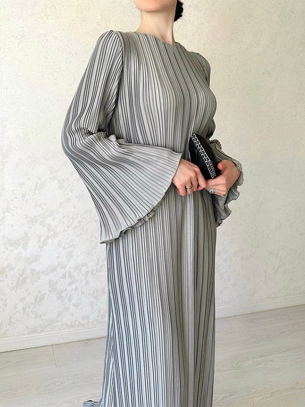 Pleated Solid Color Flared Sleeves Long Sleeves Round-Neck Maxi Dresses