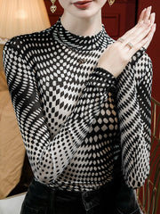 Contrast Color Printed Long Sleeves Plus Size Mock Neck T-Shirts Tops
