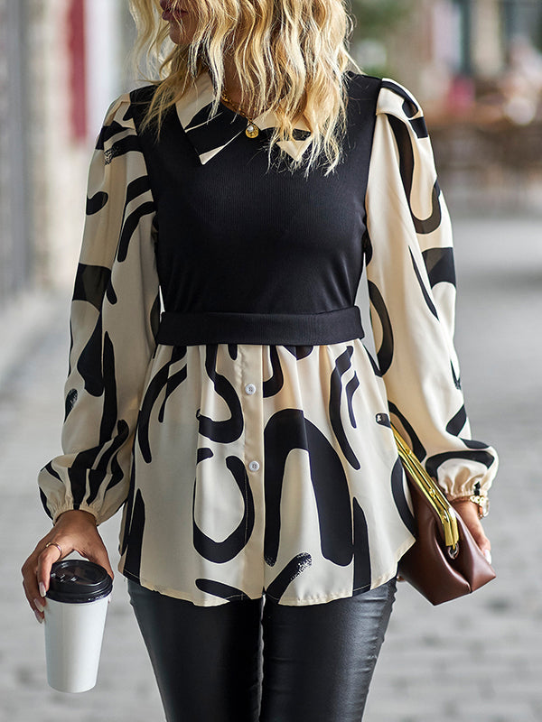 Buttoned Contrast Color Printed Split-Joint False Two Puff Sleeves Lapel Shirts Tops Blouses
