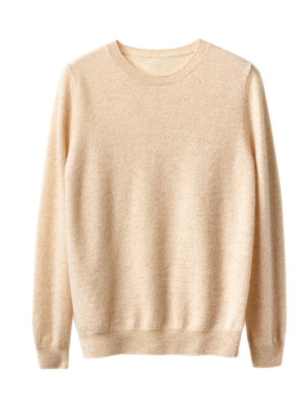 Casual Long Sleeves Loose Solid Color Round-Neck Sweater Tops