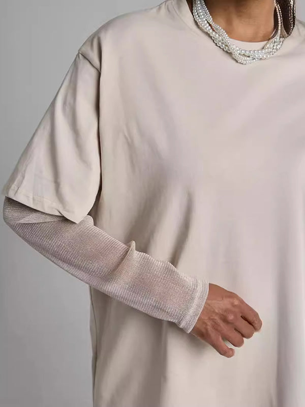 See-Through Split-Joint Sun Protection False Two Loose Round-Neck T-Shirts