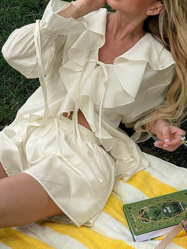 V-Neck Long Sleeves Loose Ruffle Trim Solid Color Tied Blouses&Shirts Tops + Elasticity Shorts Bottom Two Pieces Set