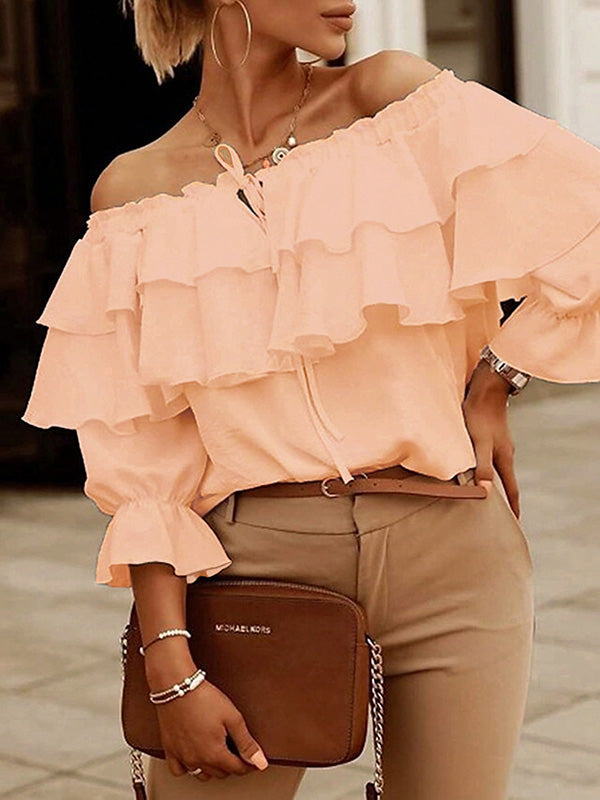 Layered Pleated Solid Color Split-Joint Tied Long Sleeves Loose Off-The-Shoulder Blouses&Shirts Tops