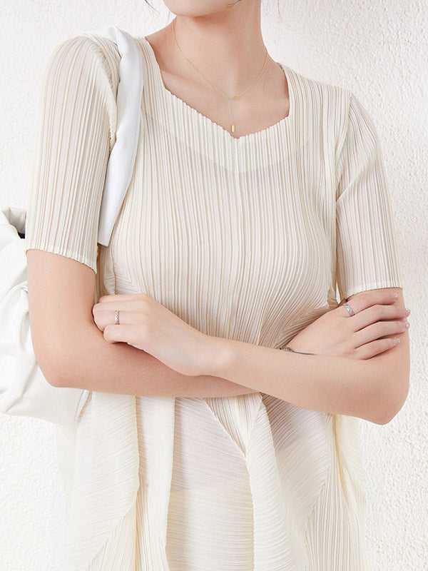Pleated Solid Color High Waisted Loose Round-Neck Midi Dresses